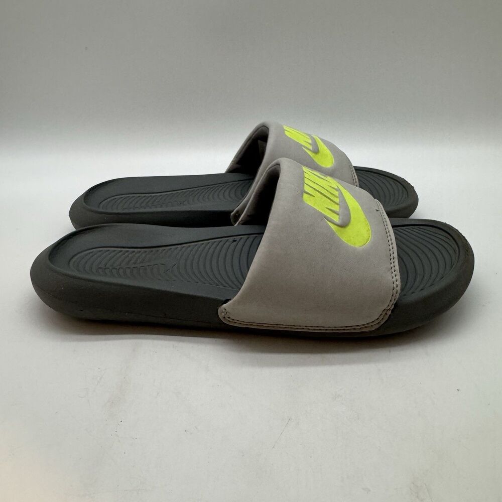Nike Victori One Slide Sandals Men's 7 Gray Neon Green Slip-On Sport CN9675-011